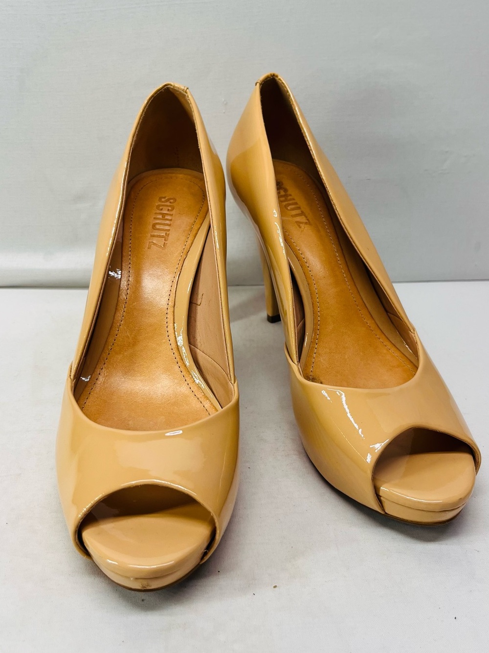 SCHUTZ Beige Patent Leather Peep-Toe High Heels‎